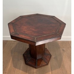 Octagonal Pedestal Table in Oak and Studded Leather, French Work, circa 1900