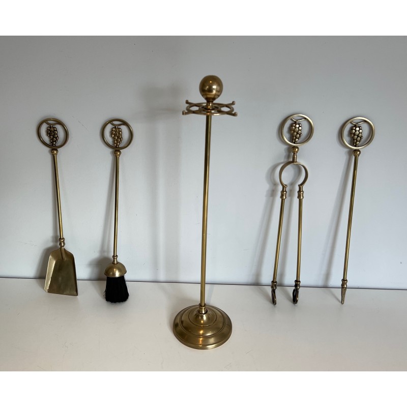 Neoclassical Style Brass Fireplace Tools with Grape Cluster Motif, French Work, circa 1950