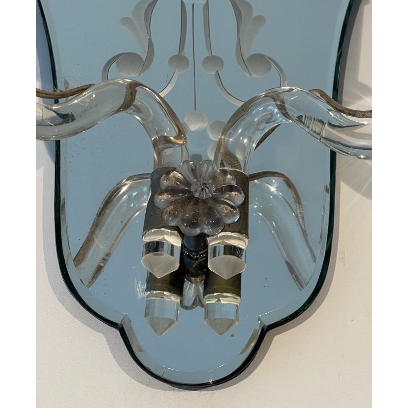 Pair of Murano Art Déco Wall Lights with Engraved Mirror and Crystal | circa 1940