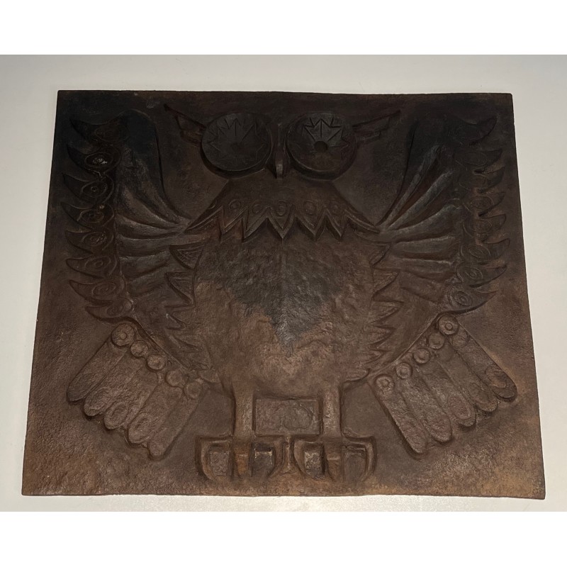Plaque de Cheminée Moderniste en Fonte à Motif de Chouette, Travail Français, Vers 1970