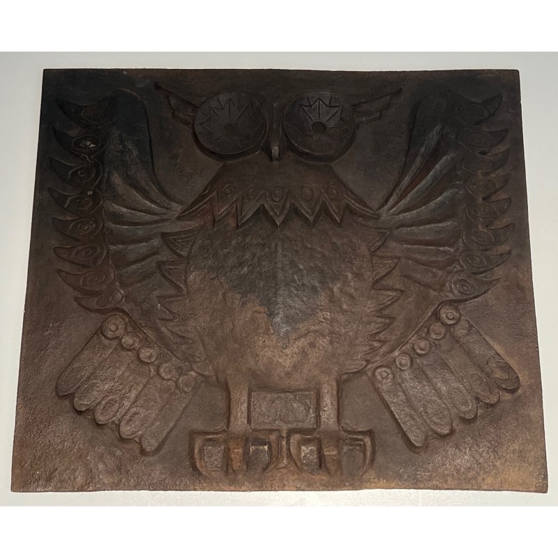 Modernist Cast Iron Fireback with Owl Motif, French Work, circa 1970