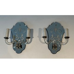 Pair of Murano Art Déco Wall Lights with Engraved Mirror and Crystal | circa 1940