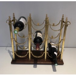 Neoclassical Brass Bottle Holder on Wooden Base in the Style of Maison Jansen, French Work, circa 1960