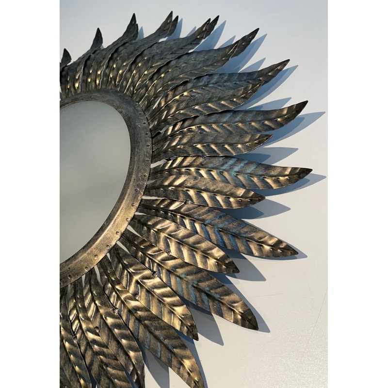 Plafonnier ou Applique Soleil en Métal Argenté | Travail Français, vers 1970