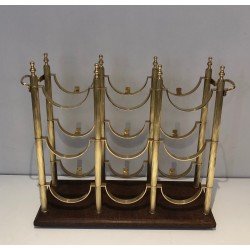 Neoclassical Brass Bottle Holder on Wooden Base in the Style of Maison Jansen, French Work, circa 1960