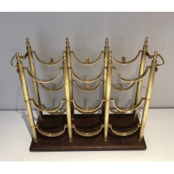 Neoclassical Brass Bottle Holder on Wooden Base in the Style of Maison Jansen, French Work, circa 1960