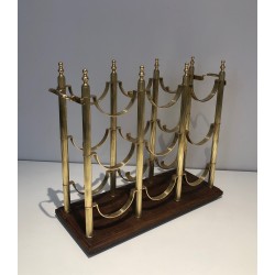 Neoclassical Brass Bottle Holder on Wooden Base in the Style of Maison Jansen, French Work, circa 1960