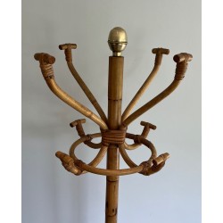 Rattan and Brass Freestanding Coat Rack, French Work, circa 1970