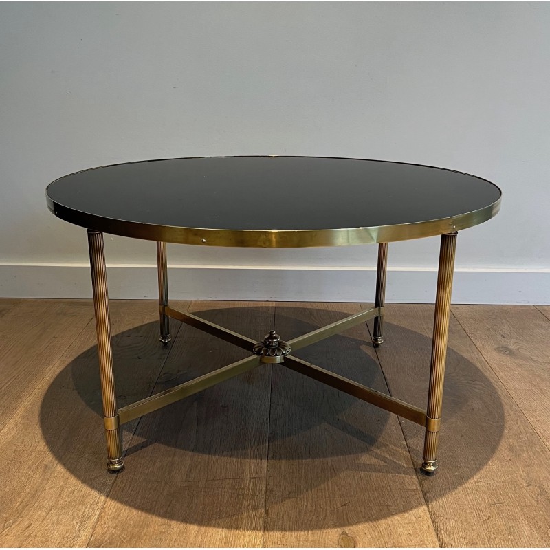Round Brass Coffee Table with Black Lacquered Glass Top by Maison Jansen, French Work, circa 1940