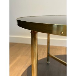 Table Basse Ronde en Laiton et Plateau de Verre Laqué Noir par la Maison Jansen, Travail Français, Vers 1940