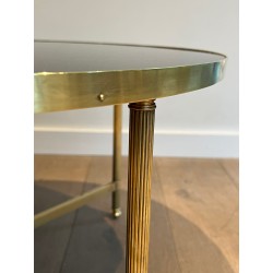 Table Basse Ronde en Laiton et Plateau de Verre Laqué Noir par la Maison Jansen, Travail Français, Vers 1940
