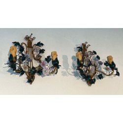 Pair of Art Déco Bronze and Porcelain Flower Wall Lights | French Work, circa 1940