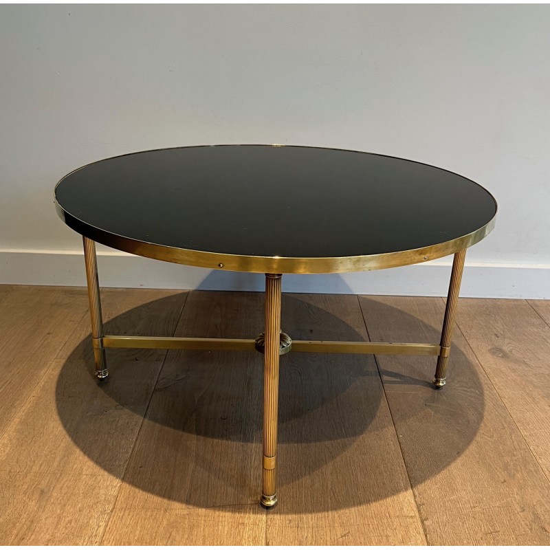 Table Basse Ronde en Laiton et Plateau de Verre Laqué Noir par la Maison Jansen, Travail Français, Vers 1940