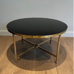 Table Basse Ronde en Laiton et Plateau de Verre Laqué Noir par la Maison Jansen, Travail Français, Vers 1940