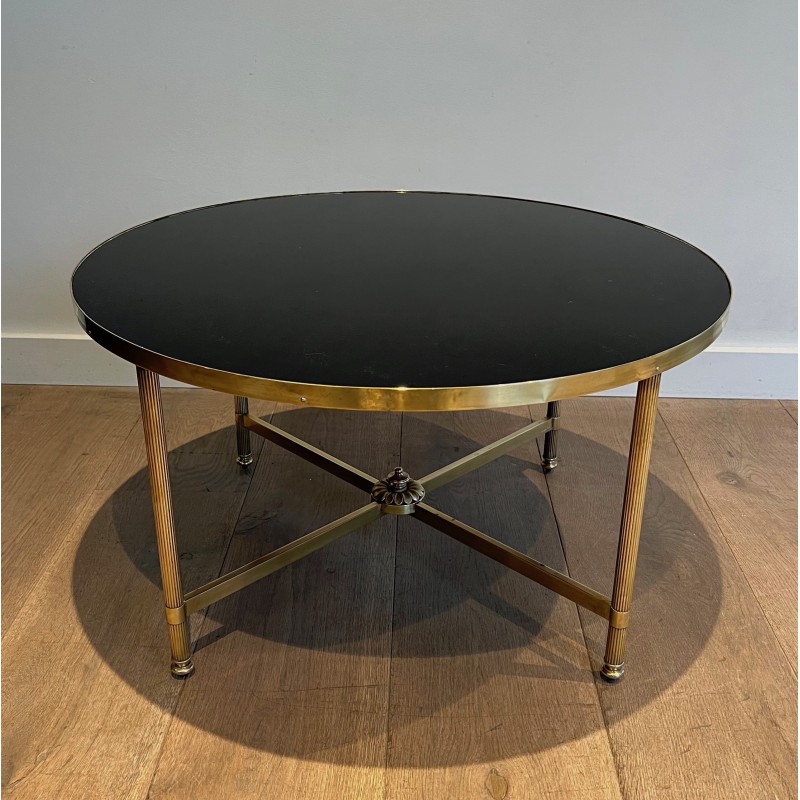 Table Basse Ronde en Laiton et Plateau de Verre Laqué Noir par la Maison Jansen, Travail Français, Vers 1940