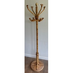 Rattan and Brass Freestanding Coat Rack, French Work, circa 1970