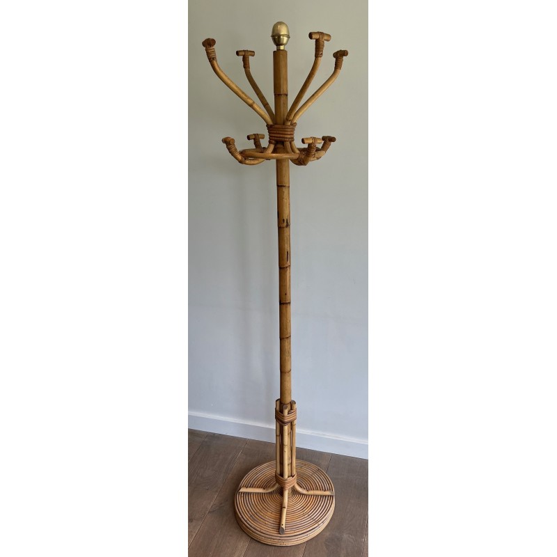 Rattan and Brass Freestanding Coat Rack, French Work, circa 1970