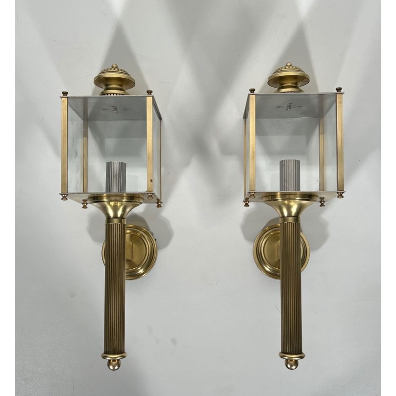 Pair of Neoclassical Style Brass Lanterns Wall Lights by Maison Jansen