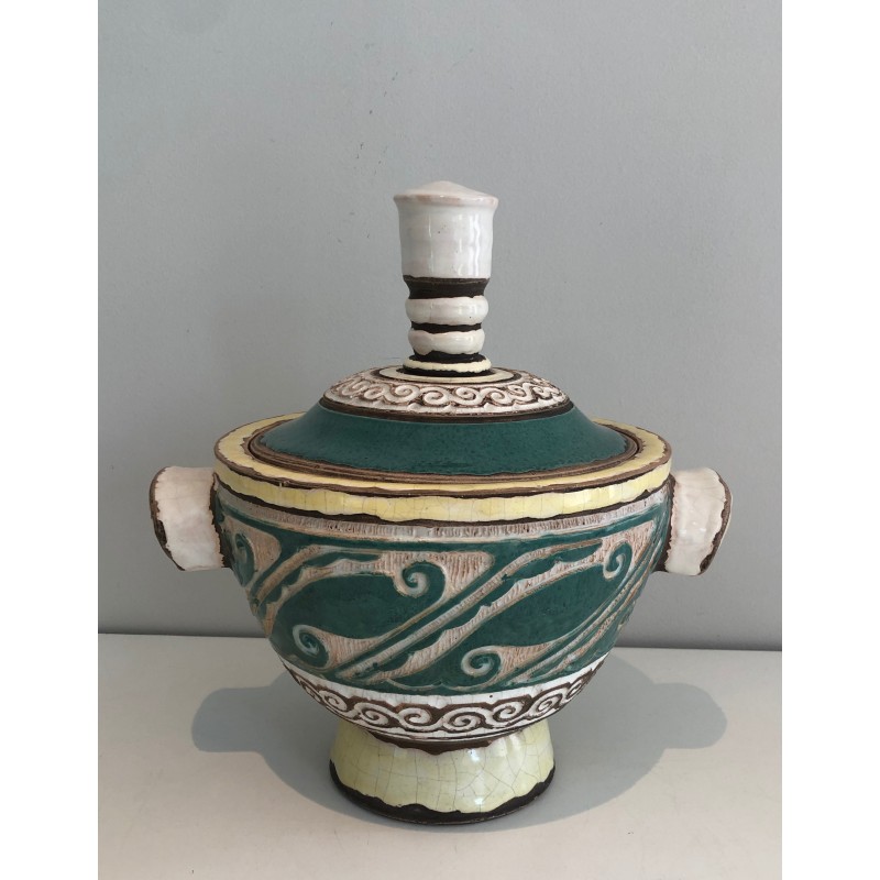 Ceramic Covered Pot Signed by Paul Dordet (1896–1996), French Work, circa 1970