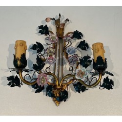 Pair of Art Déco Bronze and Porcelain Flower Wall Lights | French Work, circa 1940
