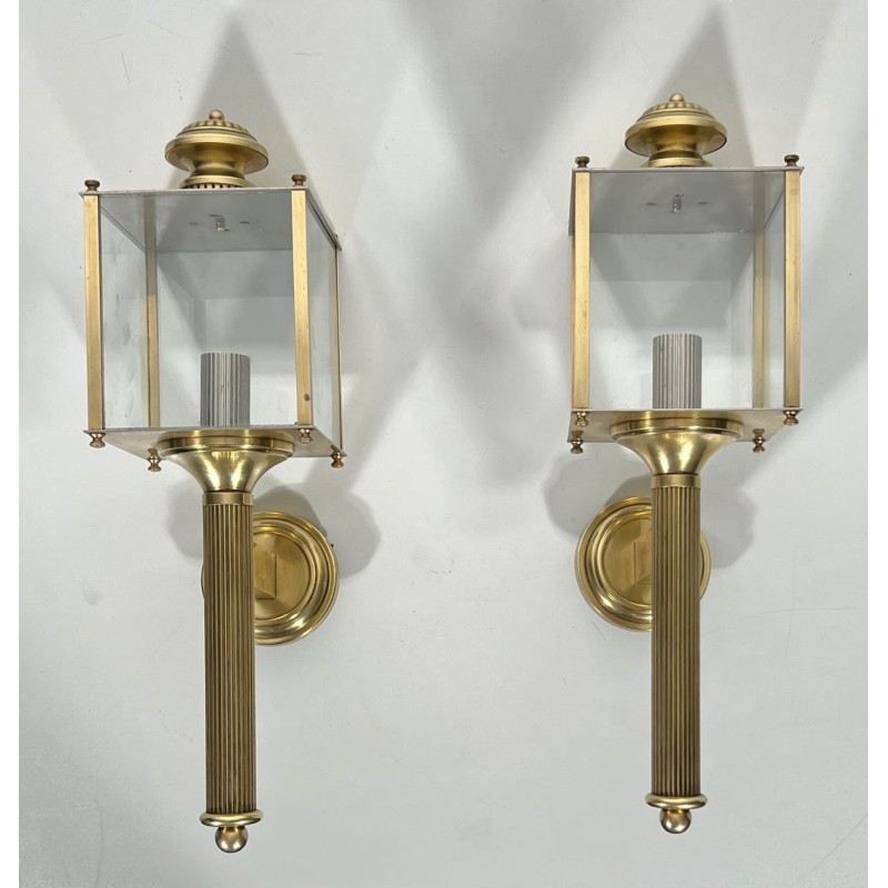 Pair of Neoclassical Style Brass Lanterns Wall Lights by Maison Jansen