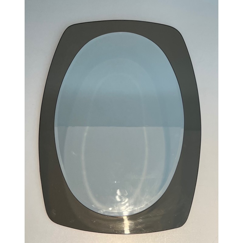 Miroir de Forme Ovale en Verre Clair et Fumé par Fontana Arte, Travail Italien, Vers 1970