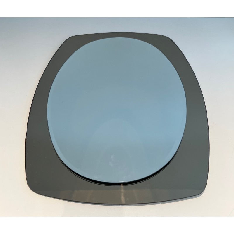 Oval Mirror in Clear and Smoked Glass by Fontana Arte, Italian Work, circa 1970