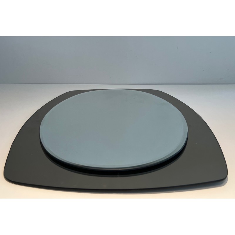 Oval Mirror in Clear and Smoked Glass by Fontana Arte, Italian Work, circa 1970