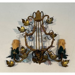 Pair of Art Déco Bronze and Porcelain Flower Wall Lights | French Work, circa 1940