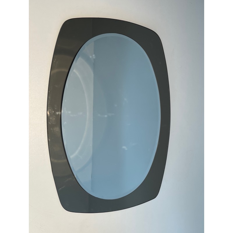 Oval Mirror in Clear and Smoked Glass by Fontana Arte, Italian Work, circa 1970