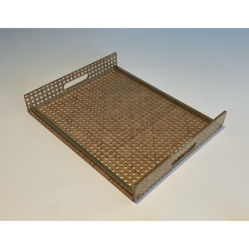 Lucite, Caned and Brass Serving Tray in the Style of Christian Dior and Gabriella Crespi, circa 1970