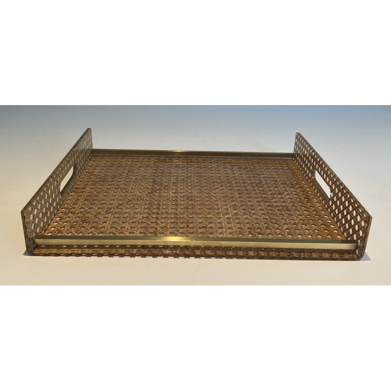 Lucite, Caned and Brass Serving Tray in the Style of Christian Dior and Gabriella Crespi, circa 1970