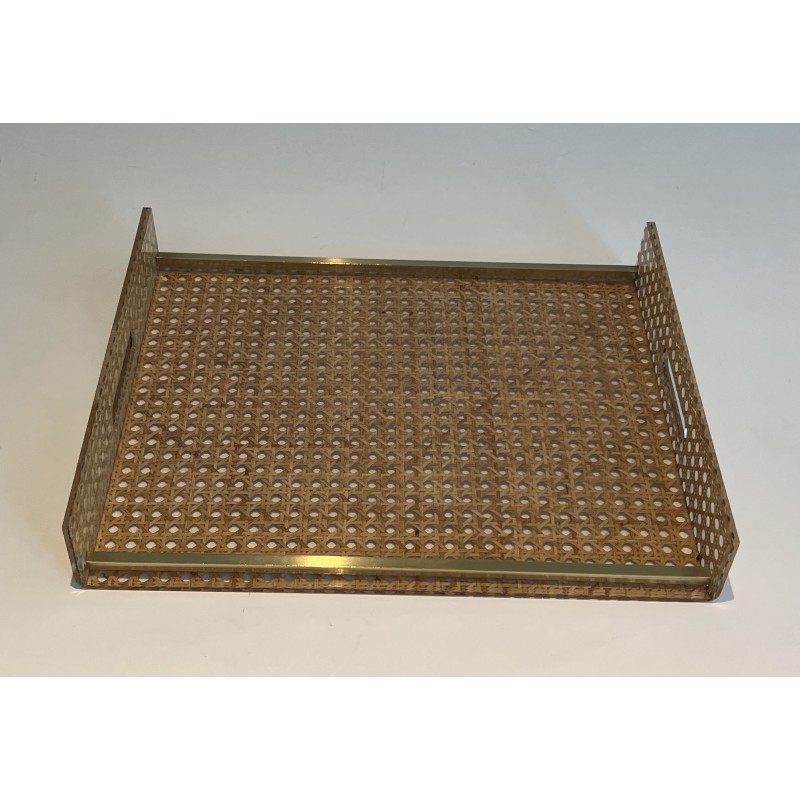 Lucite, Caned and Brass Serving Tray in the Style of Christian Dior and Gabriella Crespi, circa 1970