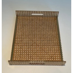 Lucite, Caned and Brass Serving Tray in the Style of Christian Dior and Gabriella Crespi, circa 1970