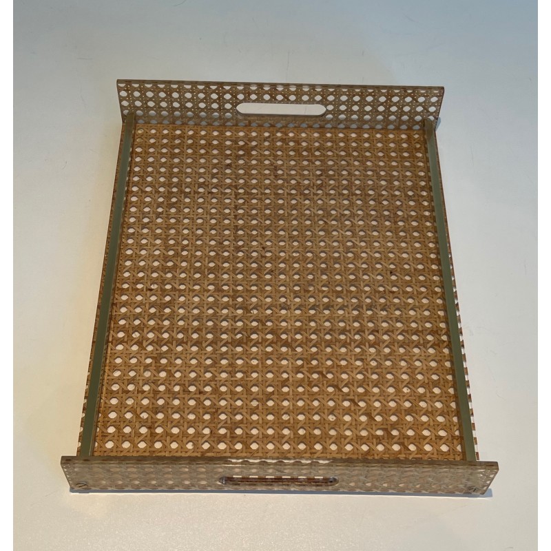 Lucite, Caned and Brass Serving Tray in the Style of Christian Dior and Gabriella Crespi, circa 1970