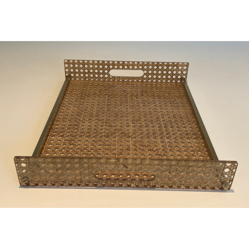 Lucite, Caned and Brass Serving Tray in the Style of Christian Dior and Gabriella Crespi, circa 1970