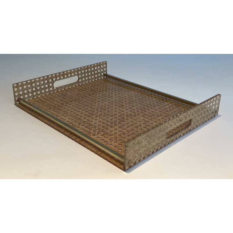 Lucite, Caned and Brass Serving Tray in the Style of Christian Dior and Gabriella Crespi, circa 1970