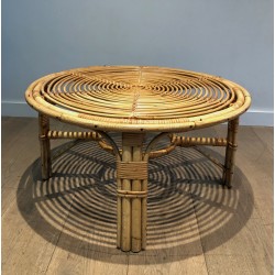 Table Basse Ronde en Rotin, Travail Français, Vers 1970