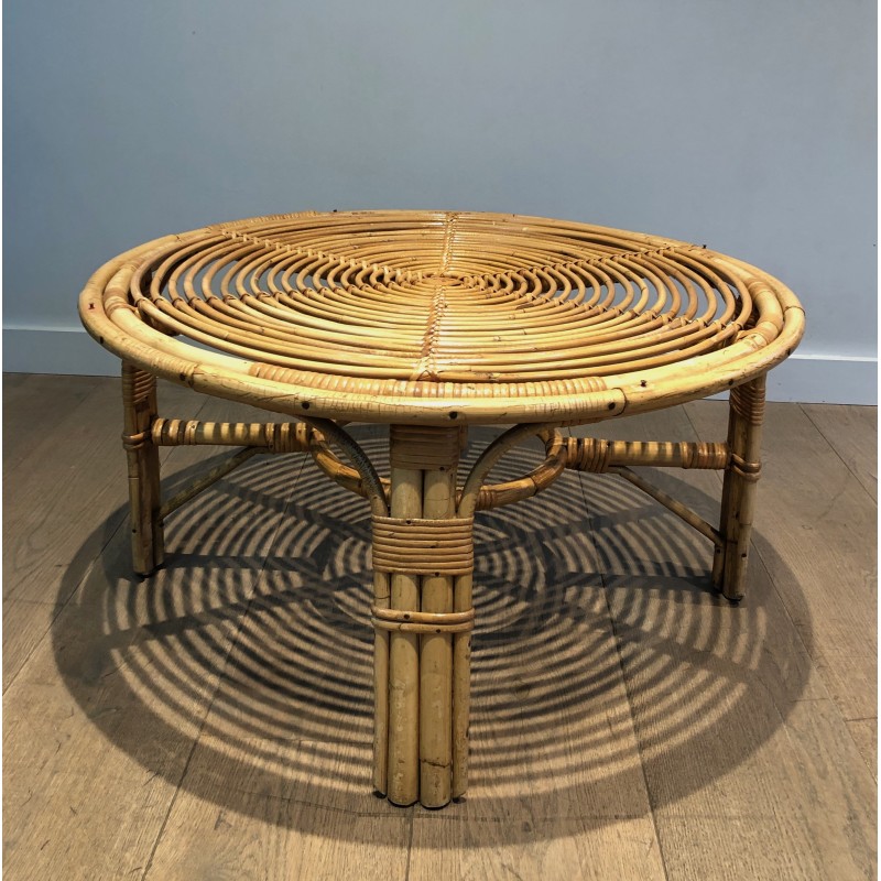 Round Rattan Coffee Table, French Work, circa 1970