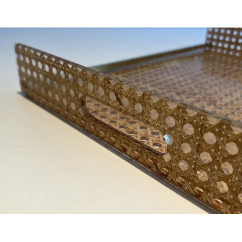Lucite, Caned and Brass Serving Tray in the Style of Christian Dior and Gabriella Crespi, circa 1970