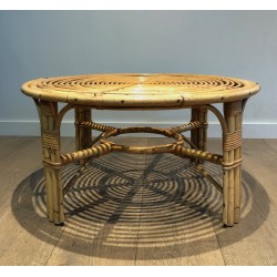 Table Basse Ronde en Rotin, Travail Français, Vers 1970