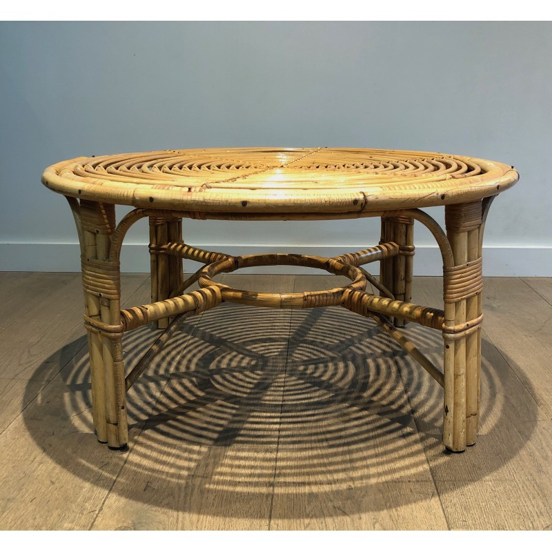 Round Rattan Coffee Table, French Work, circa 1970