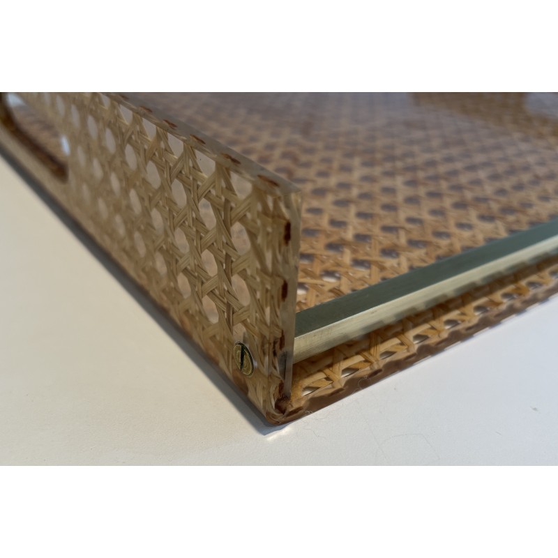 Lucite, Caned and Brass Serving Tray in the Style of Christian Dior and Gabriella Crespi, circa 1970