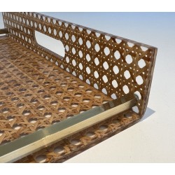 Lucite, Caned and Brass Serving Tray in the Style of Christian Dior and Gabriella Crespi, circa 1970