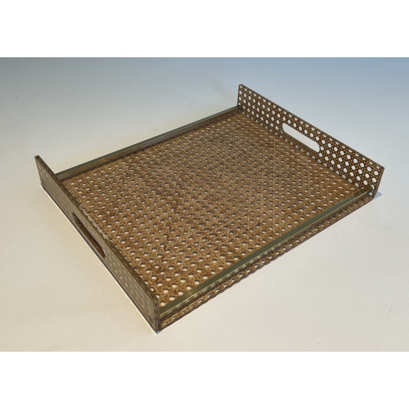 Lucite, Caned and Brass Serving Tray in the Style of Christian Dior and Gabriella Crespi, circa 1970