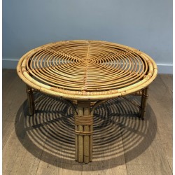 Table Basse Ronde en Rotin, Travail Français, Vers 1970