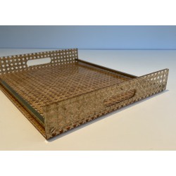 Lucite, Caned and Brass Serving Tray in the Style of Christian Dior and Gabriella Crespi, circa 1970