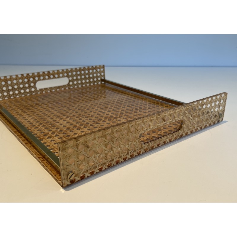 Lucite, Caned and Brass Serving Tray in the Style of Christian Dior and Gabriella Crespi, circa 1970