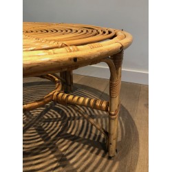 Table Basse Ronde en Rotin, Travail Français, Vers 1970