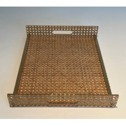 Lucite, Caned and Brass Serving Tray in the Style of Christian Dior and Gabriella Crespi, circa 1970